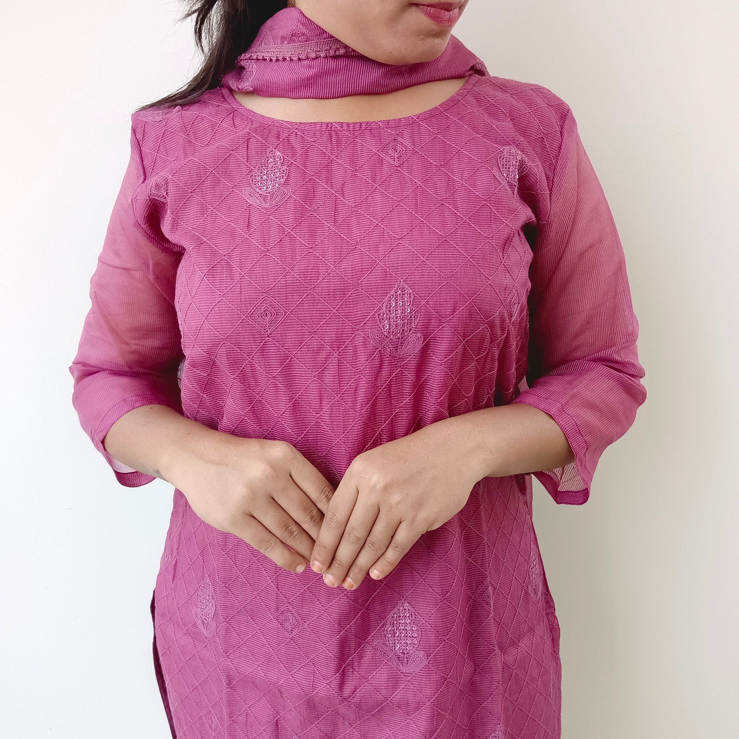 Dark Pink - Kota Organza Silk - Full Embroidery - Salwar Full Suit