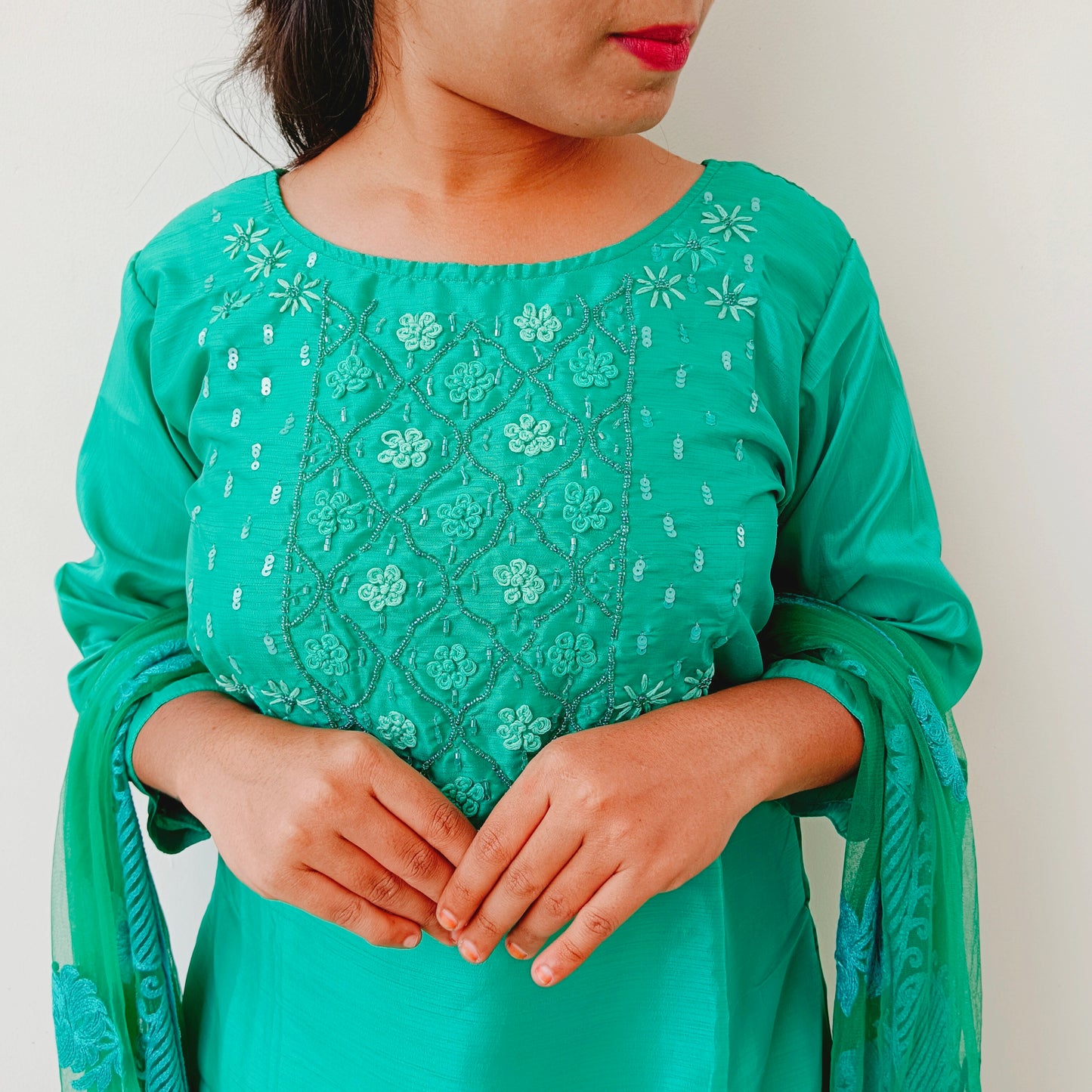 Emerald Green - Liva Silk - Embroidery - Salwar Full Suit
