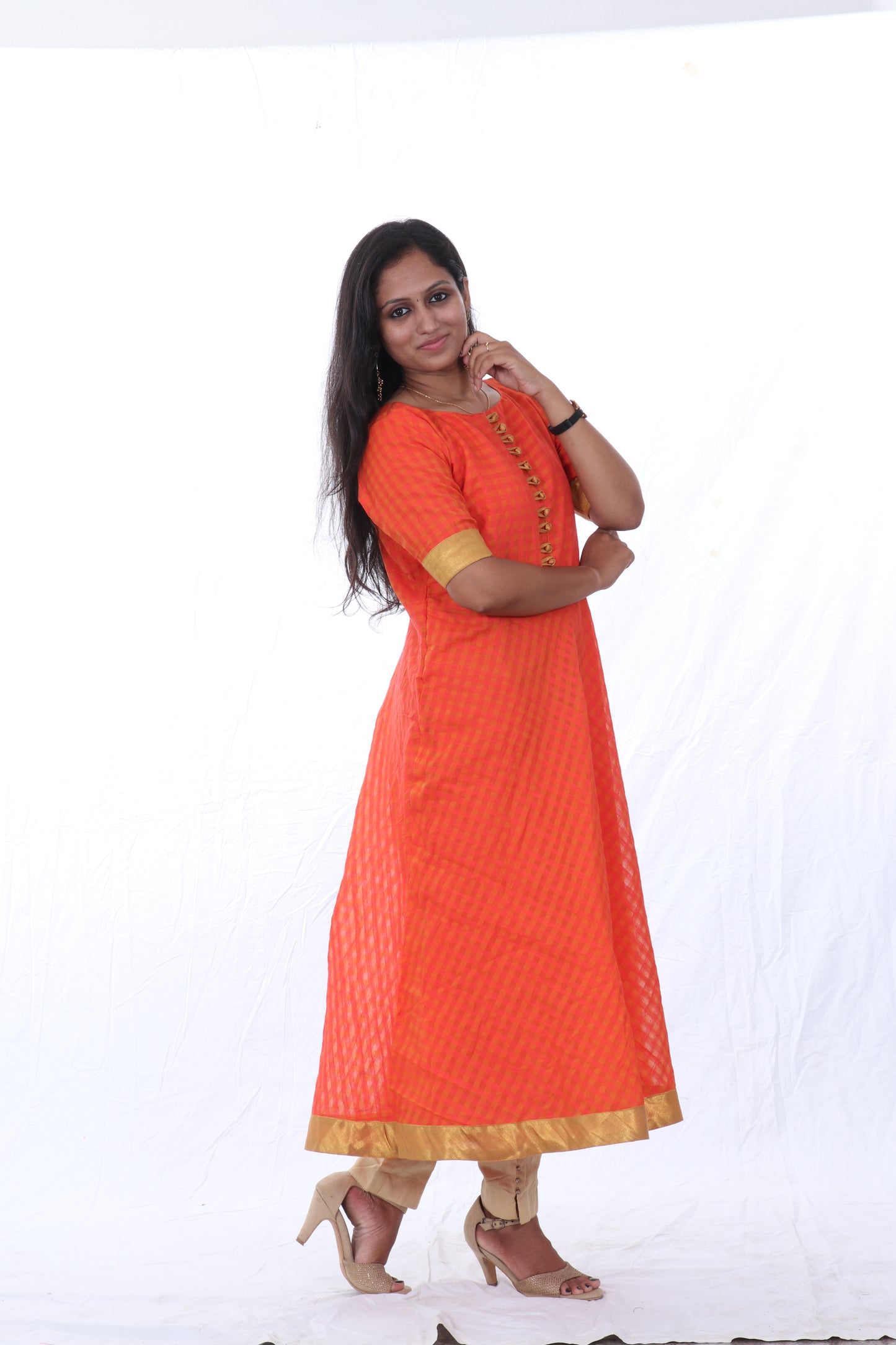Orange - Checkered Silk Cotton Anarkali Kurta
