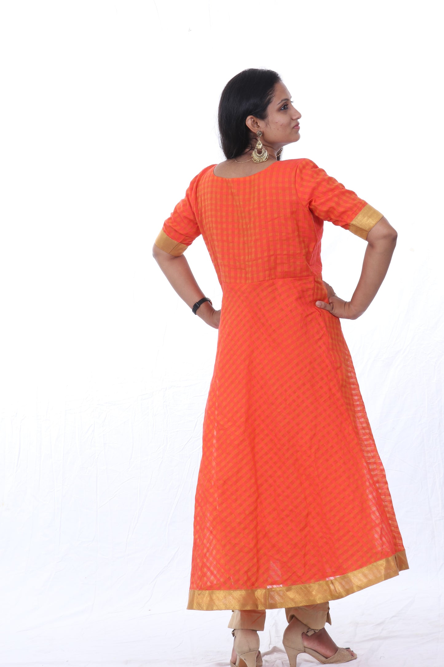 Orange - Checkered Silk Cotton Anarkali Kurta