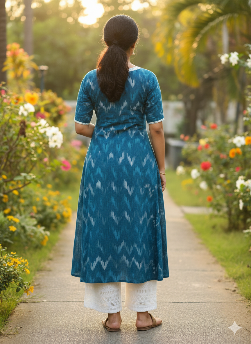 Blue - Pure Cotton Ikkat A Line Kurti