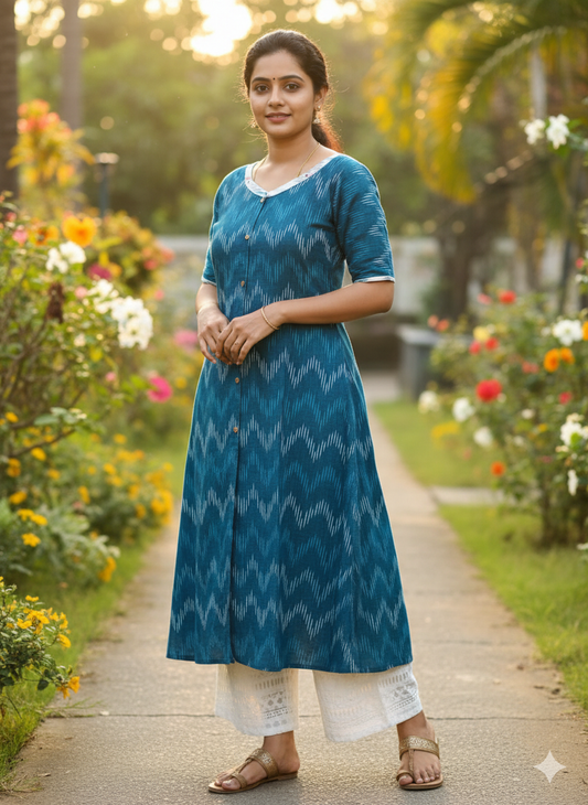 Blue - Pure Cotton Ikkat A Line Kurti