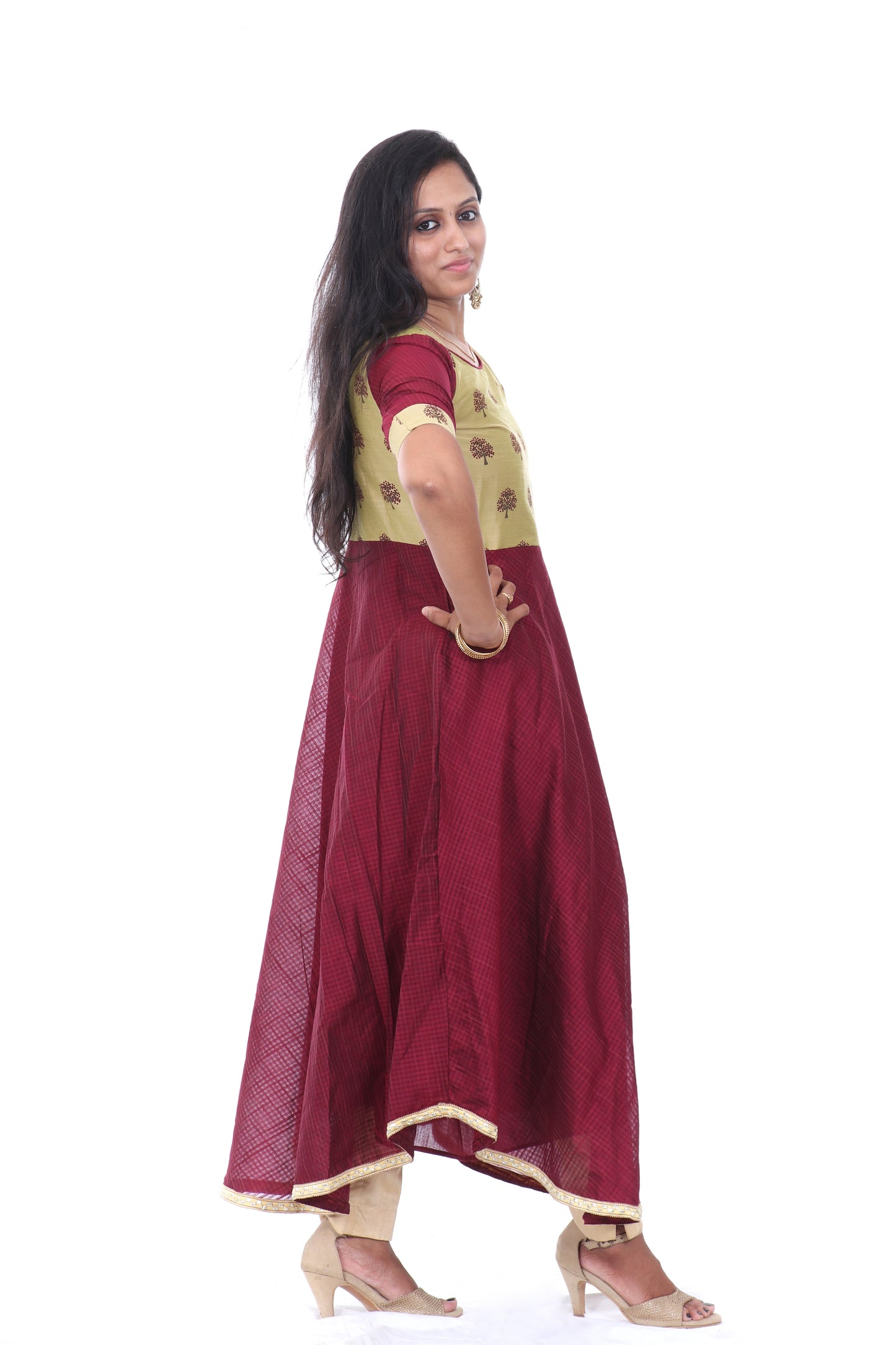 Maroon - Checkered Cotton Silk Anarkali Kurta