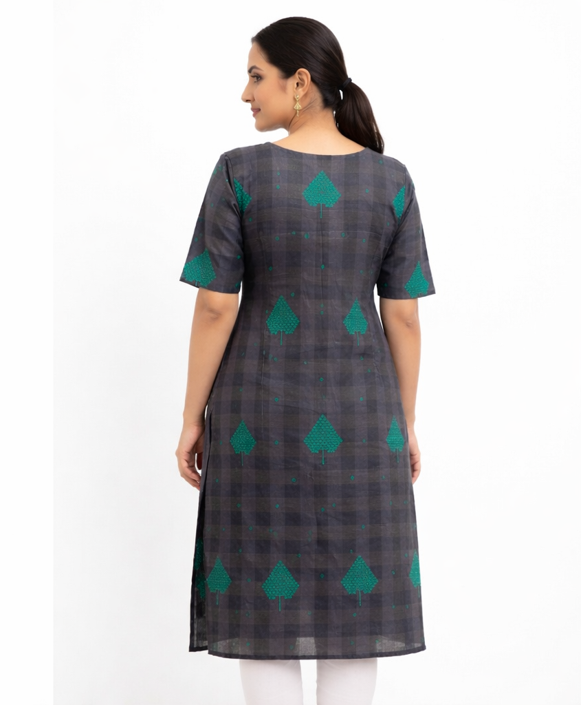 Dark Grey - Silk Cotton Embroidery Straight Kurti
