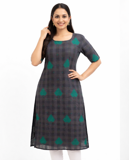 Dark Grey - Silk Cotton Embroidery Straight Kurti