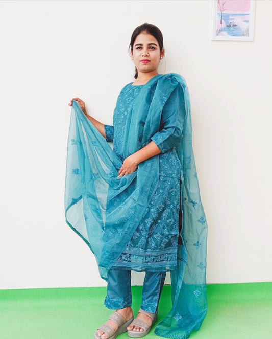 Dark Green - Organza Silk - Full Embroidery - Salwar Full Suit