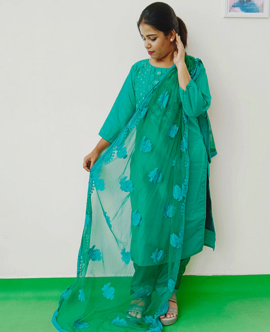 Emerald Green - Liva Silk -  Embroidery - Salwar Full Suit