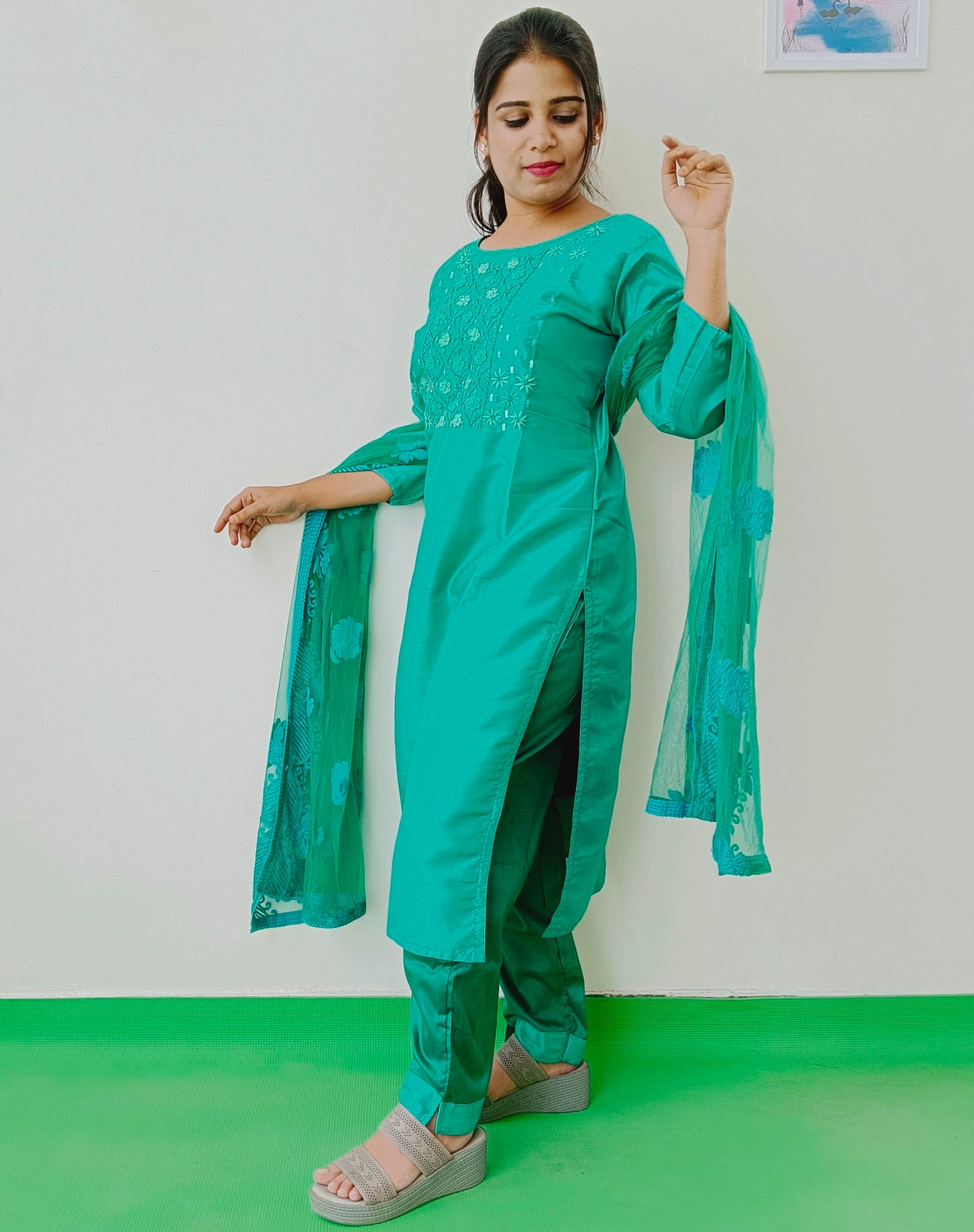 Emerald Green - Liva Silk -  Embroidery - Salwar Full Suit