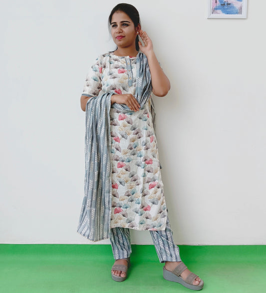 Rayon Cotton  Grey Floral Print Women Salwar Set