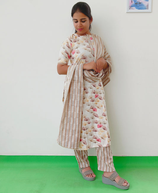 Rayon Cotton Brown Floral Print Women Salwar Set