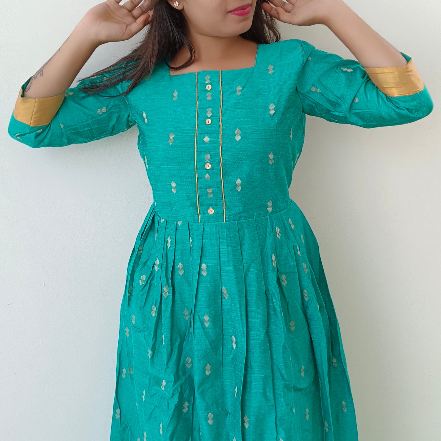 Silk Cotton Green Women Anarkali Kurti