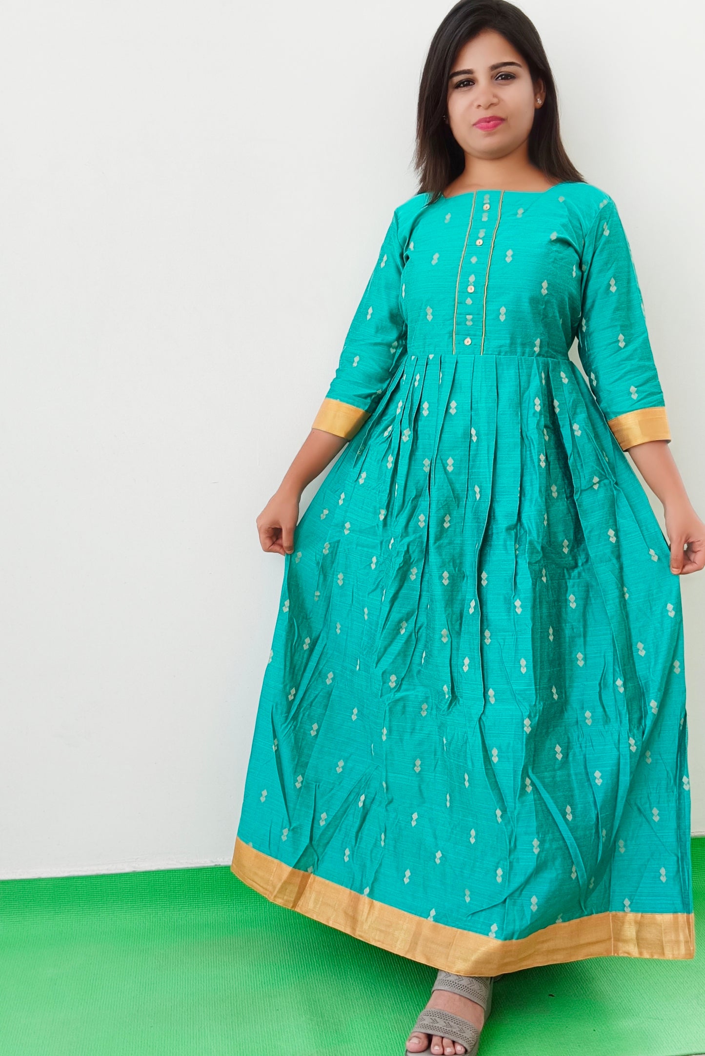 Silk Cotton Green Women Anarkali Kurti