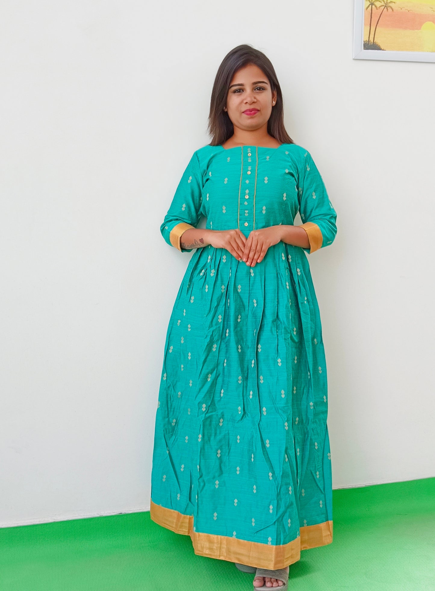 Silk Cotton Green Women Anarkali Kurti