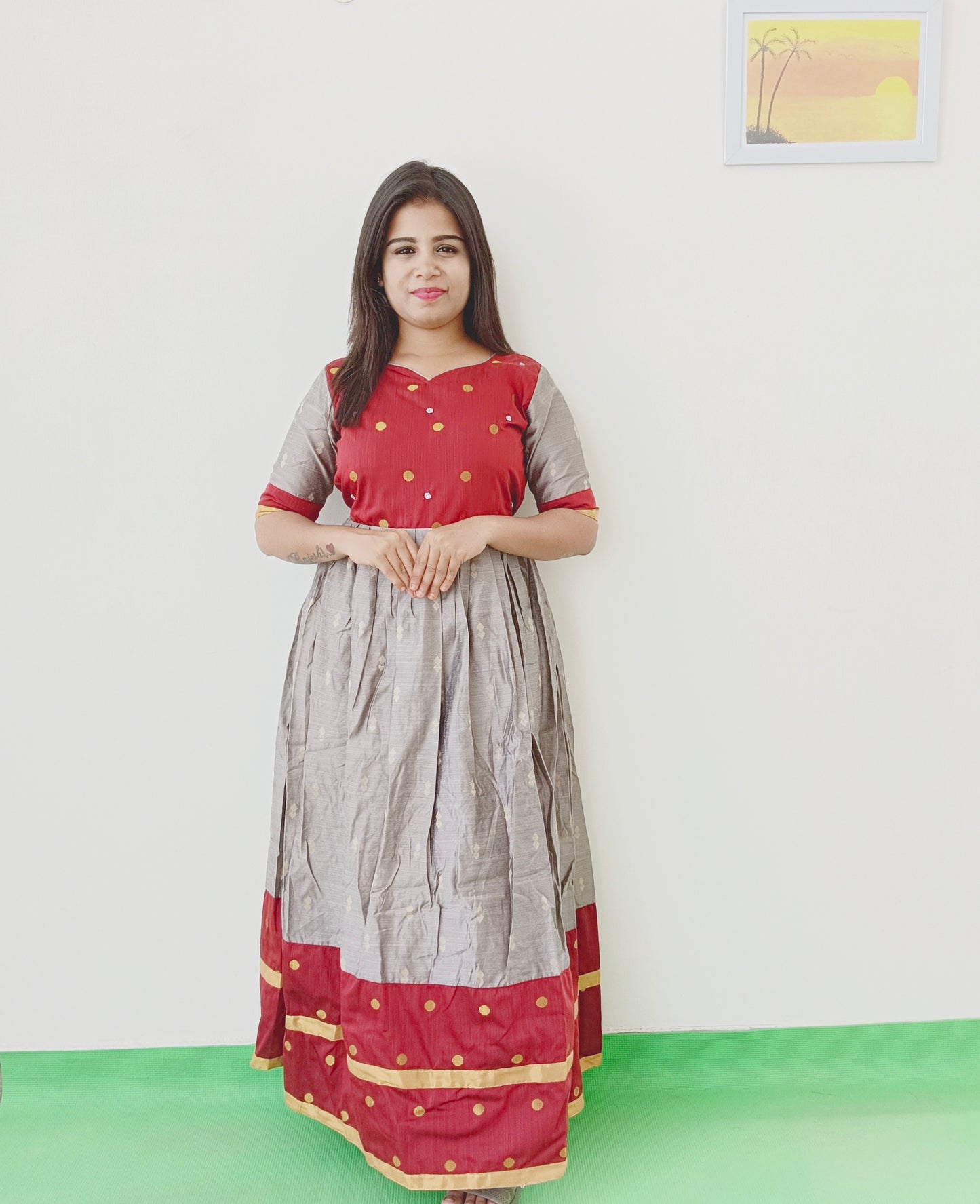 Maroon - Grey Pure Silk Anarkali Kurti