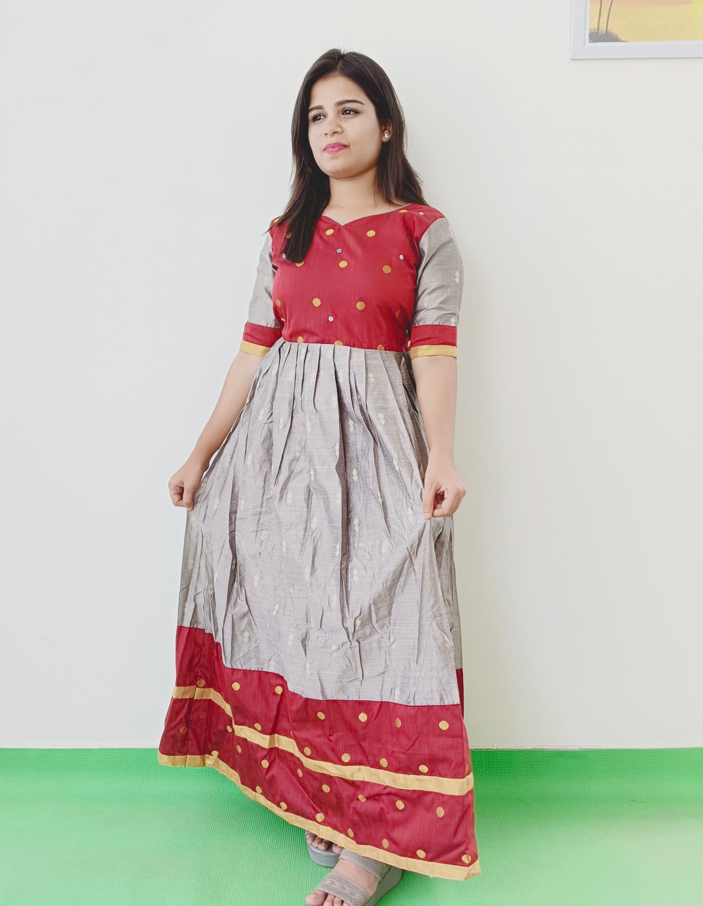 Maroon - Grey Pure Silk Anarkali Kurti