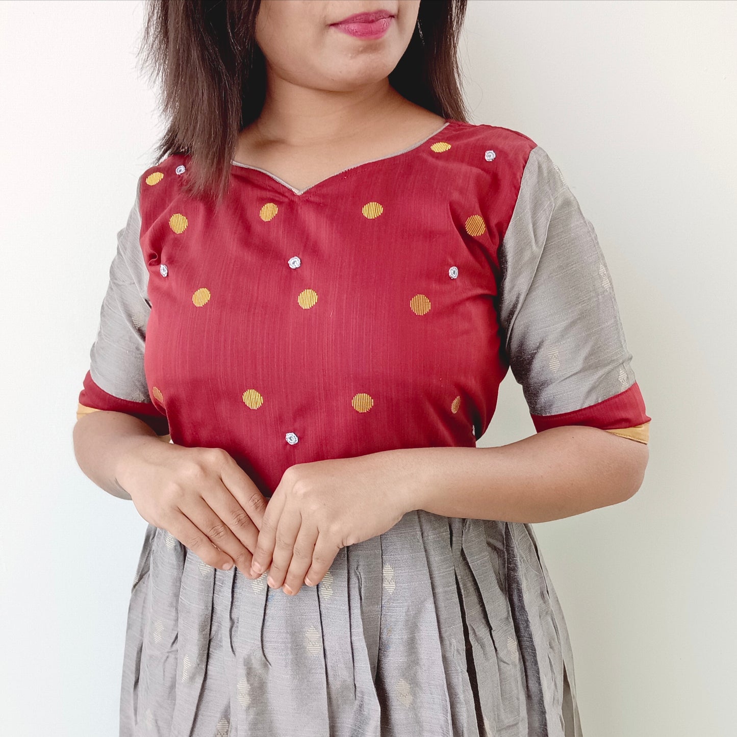Maroon - Grey Pure Silk Anarkali Kurti