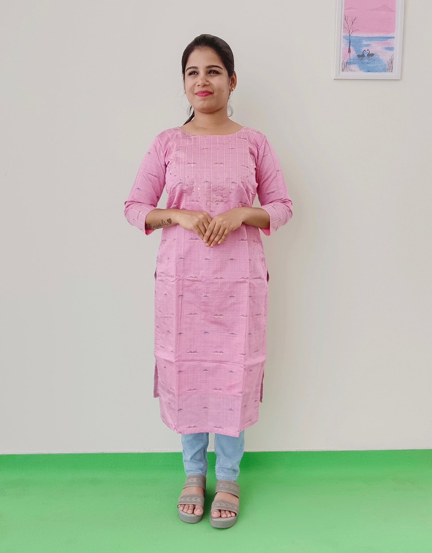 Pink - Silk Cotton - Hand Embroidery - Kurti