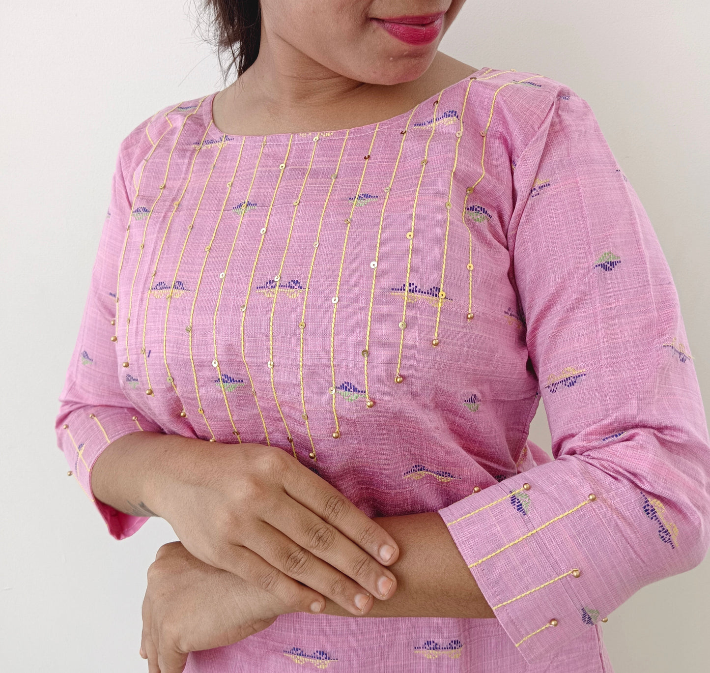 Pink - Silk Cotton - Hand Embroidery - Kurti