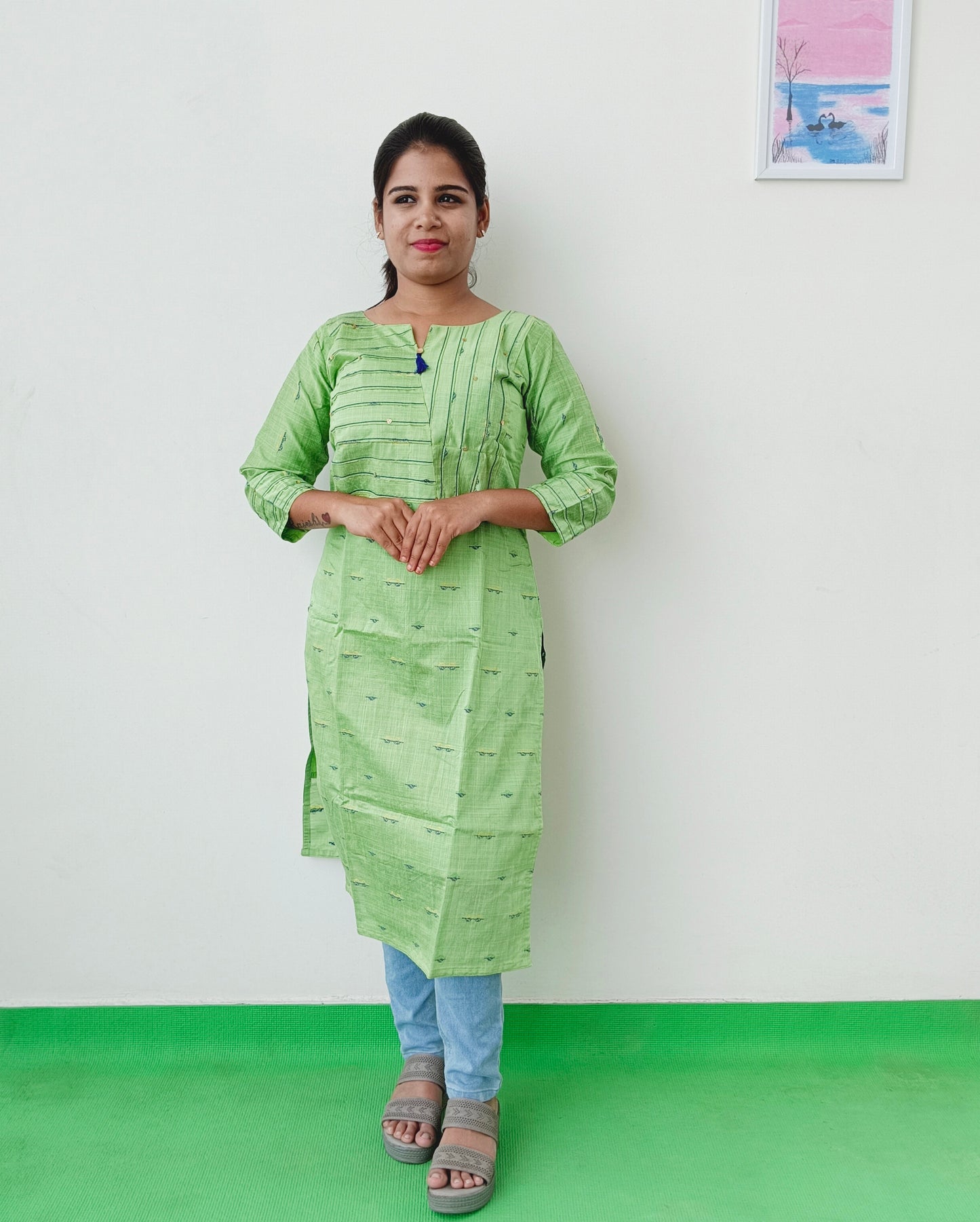 Green - Silk Cotton -Hand Embroidery - Kurti