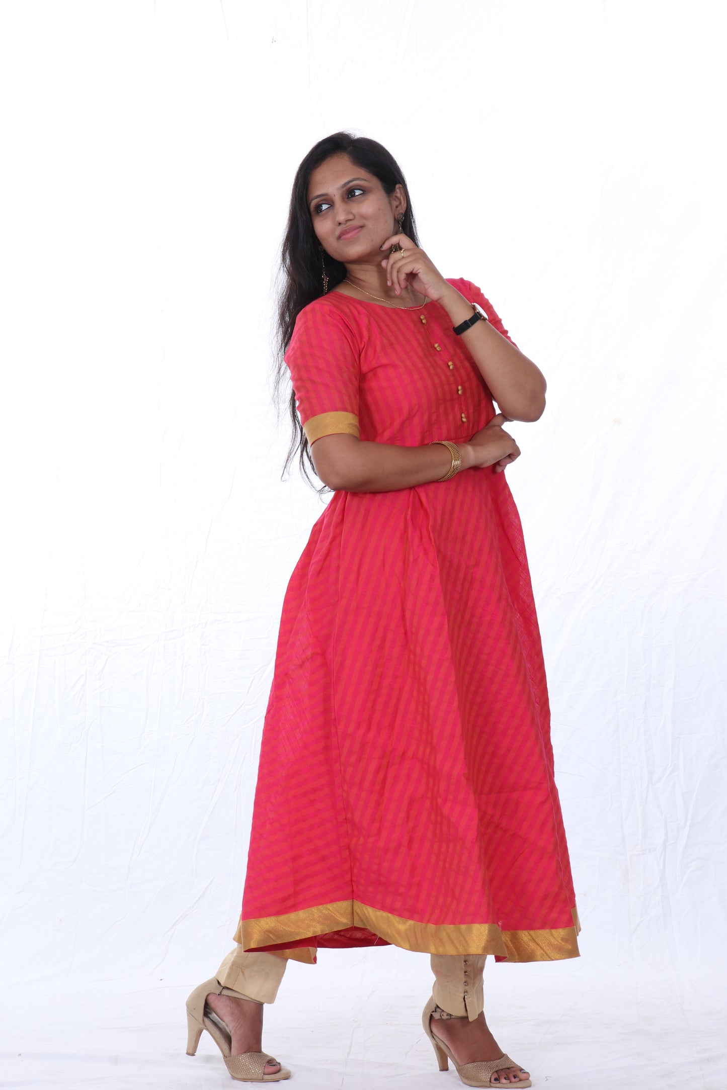 Dark Pink - Checkered Silk Cotton Anarkali Kurta