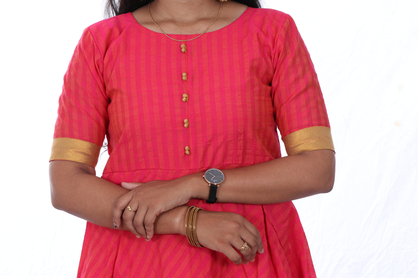 Dark Pink - Checkered Silk Cotton Anarkali Kurta