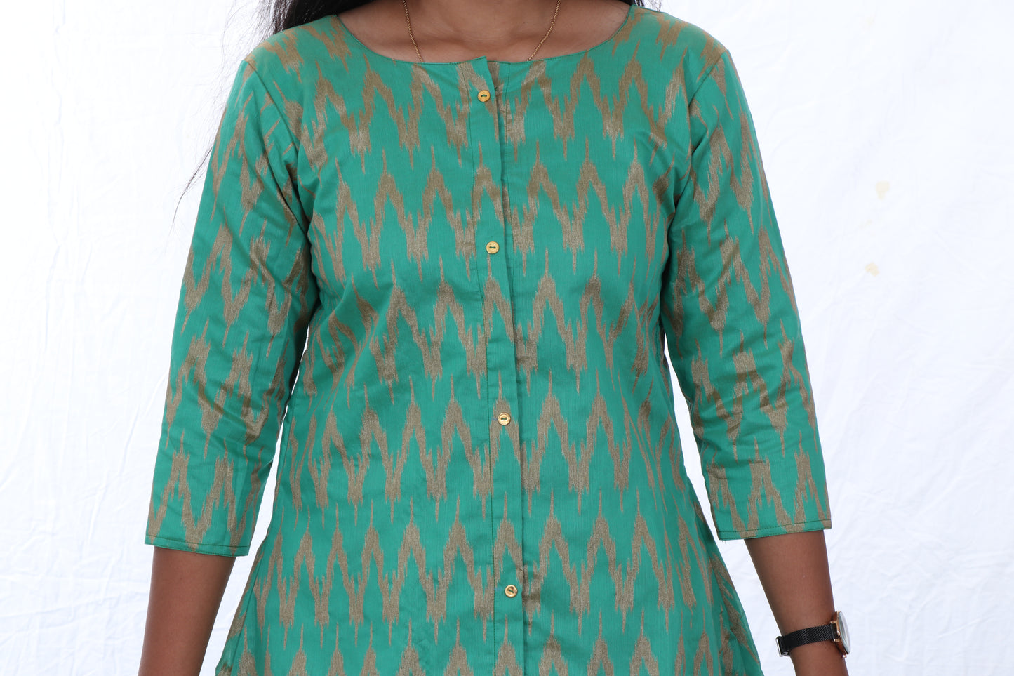 Green - Silk Cotton Ikkat A Line Kurta