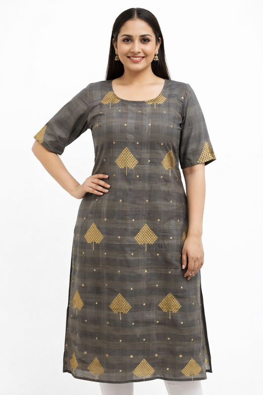 Grey - Silk Cotton Embroidery Straight Kurti