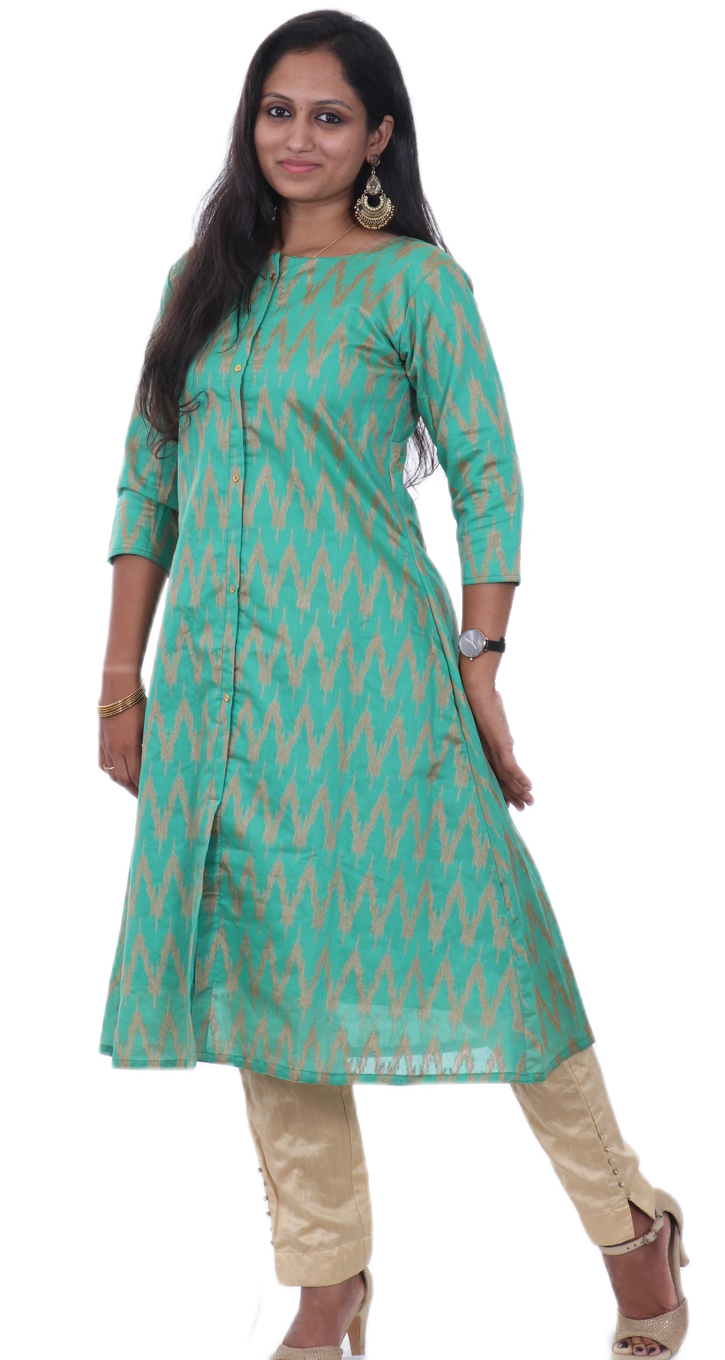 Green - Silk Cotton Ikkat A Line Kurta