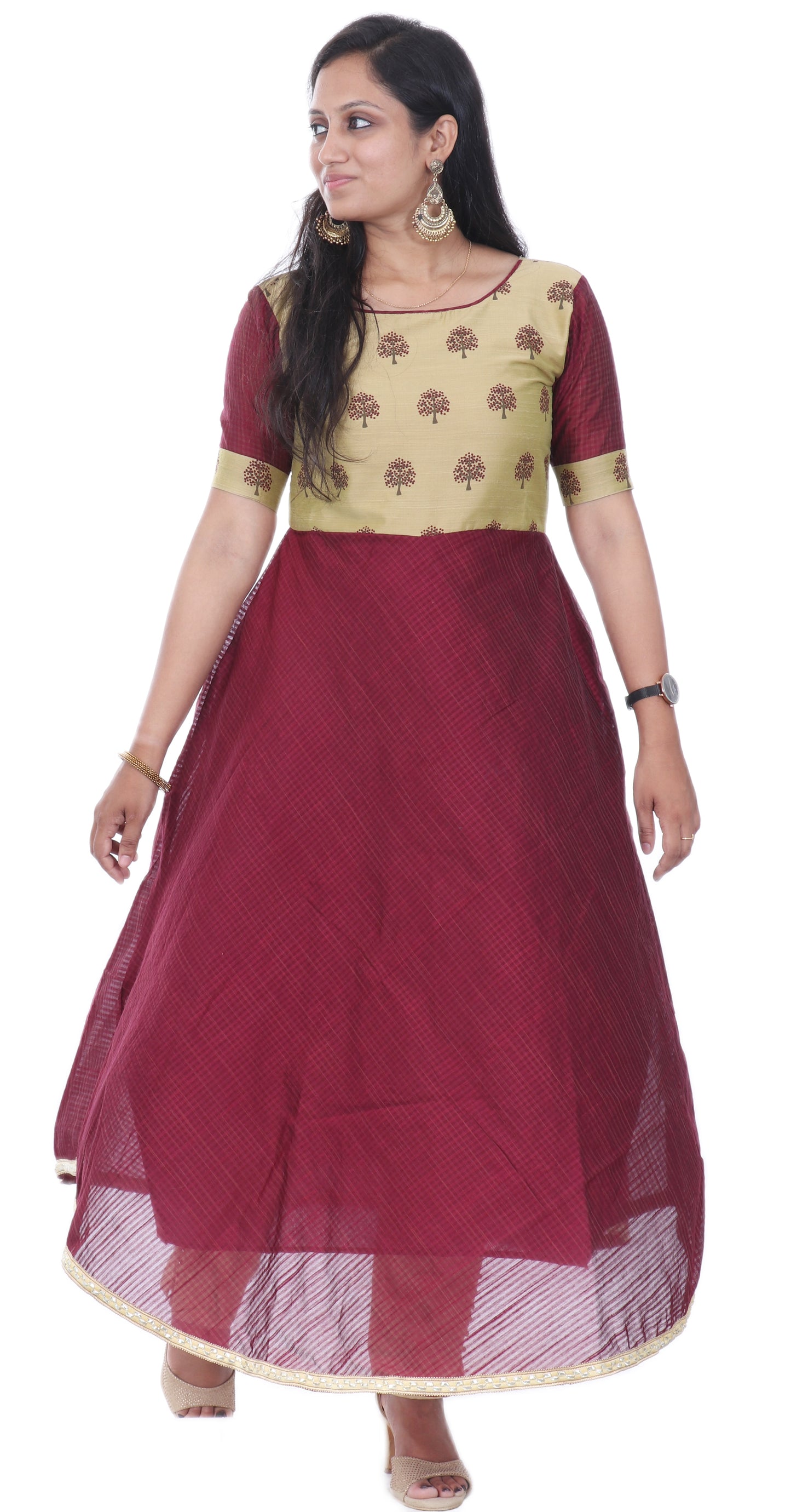 Maroon - Checkered Cotton Silk Anarkali Kurta