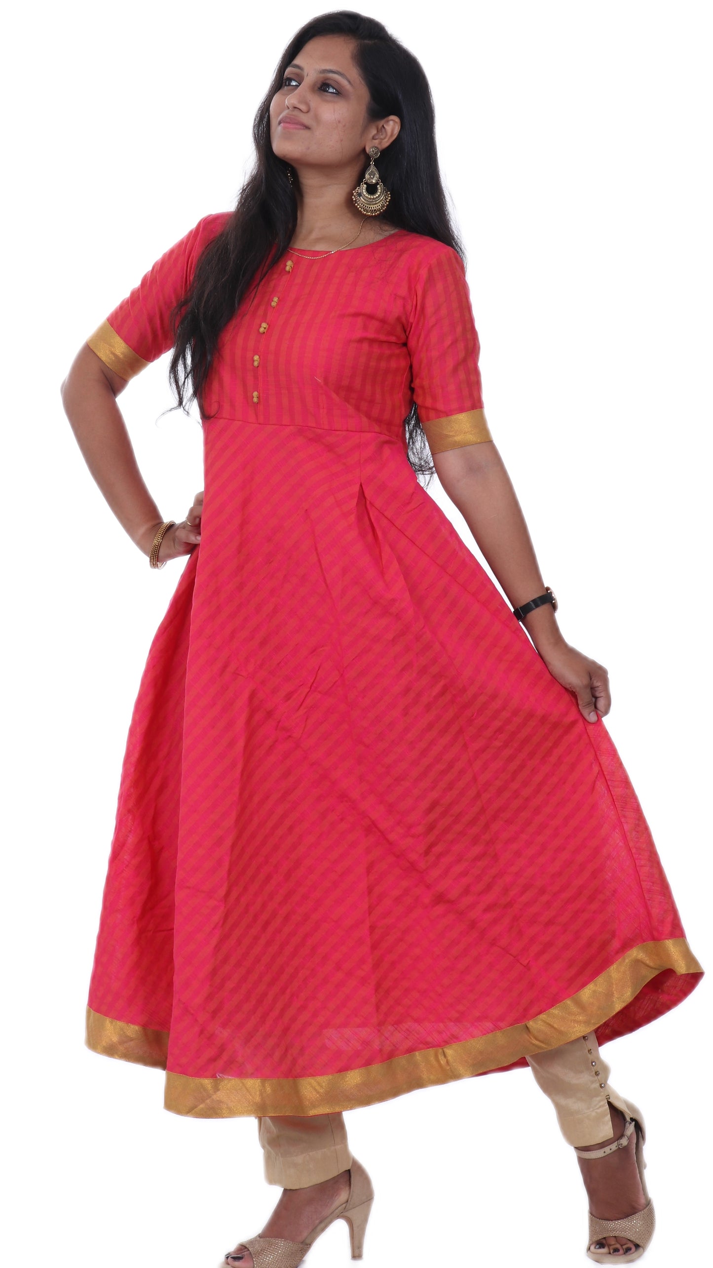 Dark Pink - Checkered Silk Cotton Anarkali Kurta
