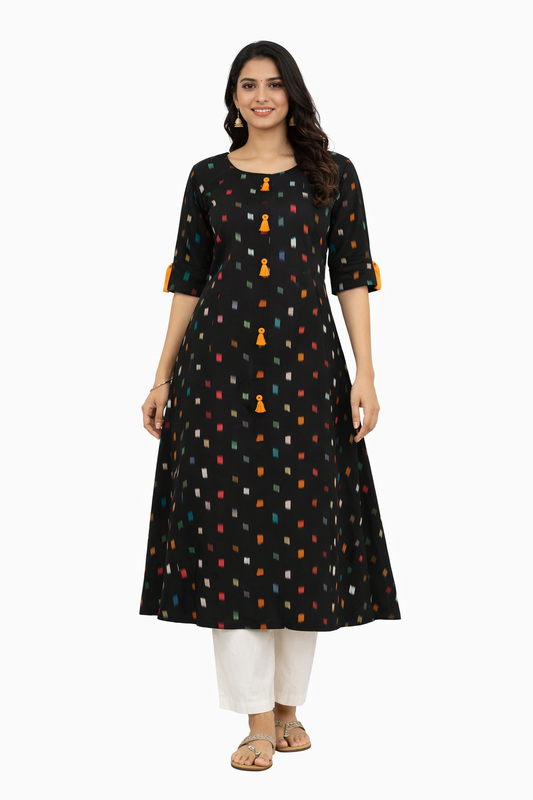 Black - Pure Cotton Ikkat A Line Kurti