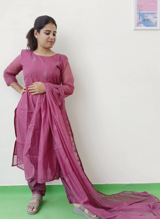 Dark Pink - Kota Organza Silk - Full Embroidery - Salwar Full Suit