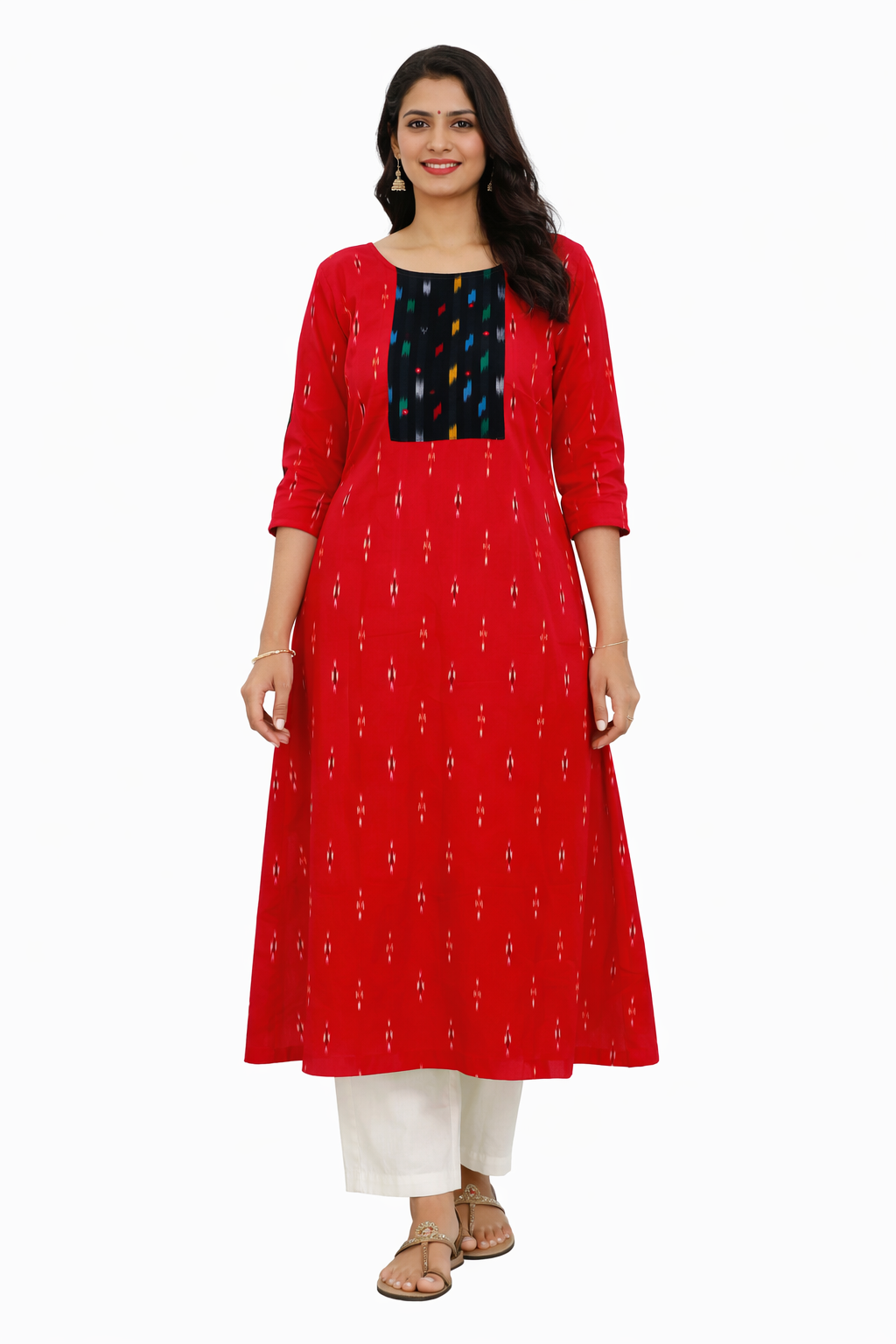 Red - Pure Cotton Ikkat A Line Kurti