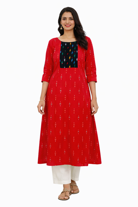 Red - Pure Cotton Ikkat A Line Kurti