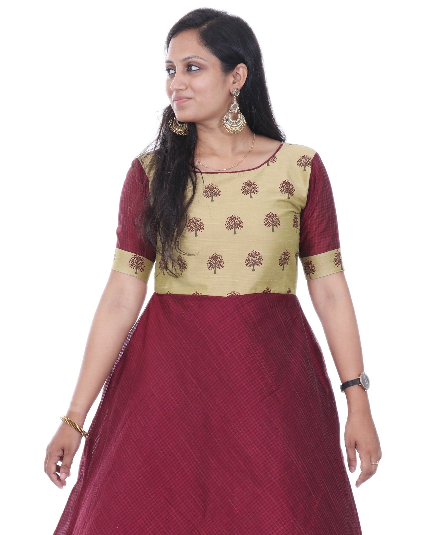 Maroon - Checkered Cotton Silk Anarkali Kurta