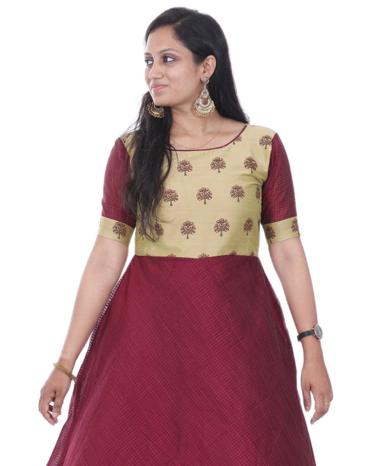 Maroon - Checkered Cotton Silk Anarkali Kurta