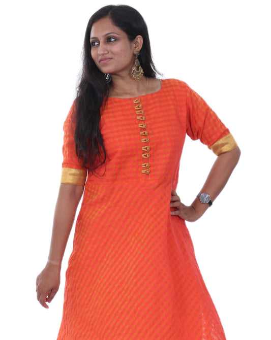 Orange - Checkered Silk Cotton Anarkali Kurta