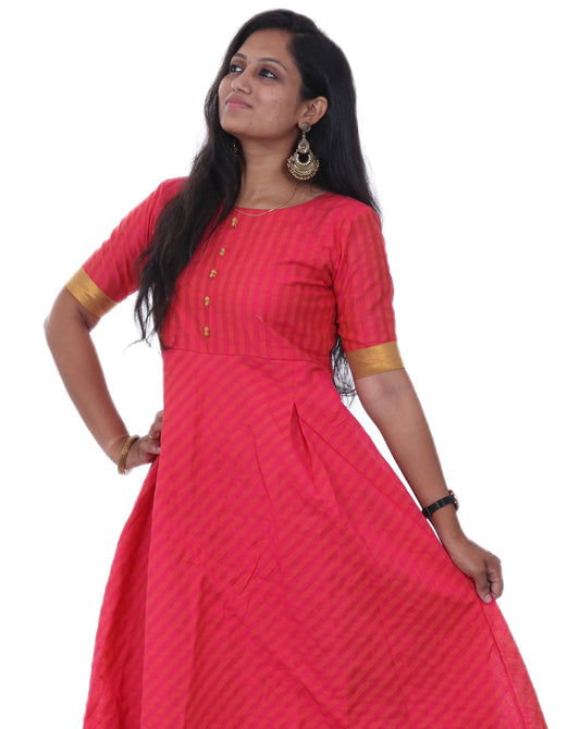 Dark Pink - Checkered Silk Cotton Anarkali Kurta